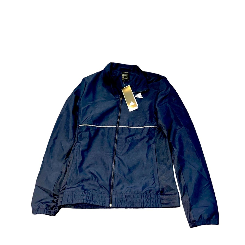 NWT Adidas navy recycled polyester front zip windbreaker long sleeve jacket S